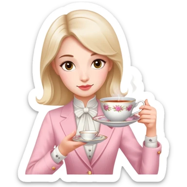 British girl elegantly holding teacup with one hand, pinky slightly raised, proper tea etiquette sticker