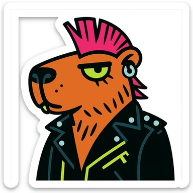 Chigüiro Punketo, a capybara with a punk style: mohawk, piercings, leather jacket, attitude, black and neon color palette sticker