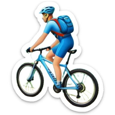 An icon featuring majestic mountains, lush green valleys, and a bright blue sky with fluffy clouds. The sun casts warm light over the landscape, emphasizing the beauty of outdoor cycling and a mountain bike standing on a scenic trail. sticker