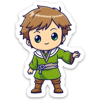 Young Rudeus Greyrat chibi, big green eyes, round face, messy light brown hair, wearing a tunic, cute and curious anime style sticker