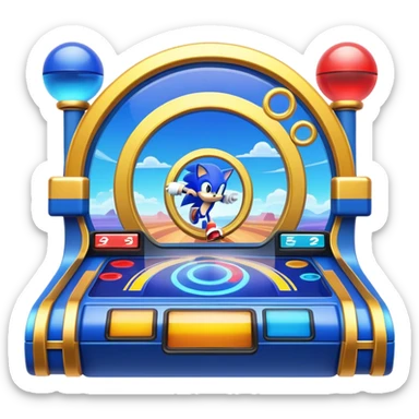 An icon representing an arcade game interface, inspired by Sonic. The design features colorful platforms, loops, and rings, with Sonic racing through a vibrant landscape. The iconic HUD elements, like score and timer, are visible. A transparent background. sticker