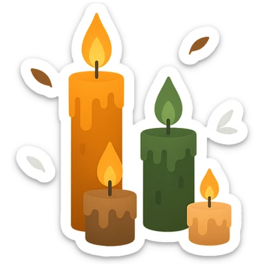 A set of slightly eerie, glowing wax candles with flickering flames, designed in a warm yet mysterious color palette: golden orange (FA9B41), deep forest green (4A7C5C), muted taupe brown (96775A), and soft pastel peach (FFCC9A). The candles are worn, with slightly uneven wax drips and an aged appearance, casting soft, flickering shadows. The flames glow in shades of soft orange and warm yellow, creating a haunting yet inviting atmosphere. The background is dark, with subtle mist or floating leaves around the candles, enhancing a slightly gothic, mysterious vibe. The overall scene has an enigmatic and cozy feel, combining warmth with an underlying sense of intrigue. sticker