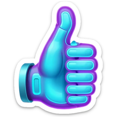 futuristic glowing thumbs up, neon purple and cyan light, dark background, digital tech style sticker
