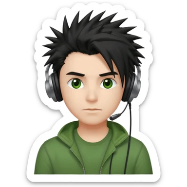 chico pelo medio largo ojos rojos y una camisa verde pelo tipo spike y unos audifonos pelo negro y mas voñuminoso sticker