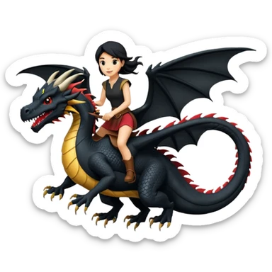 Super large black dragon flying with a  female rider on top of it sticker