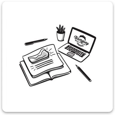 top view of a MacBook with a beauty salon logo on the screen, a notebook with one page filled with notes, and a pen laying on the notebook sticker