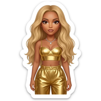 Beyonce with brown eyes, long golden blonde hair, gold metallic sweetheart crop top, gold metallic baggy pants, silver necklace sticker