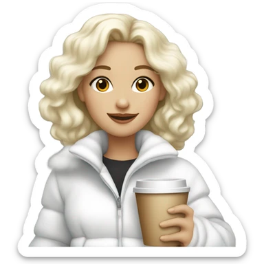 blonde girl wearing white fluffy jacket and a coffee to go in hand all dress white and a white bow on hair sticker