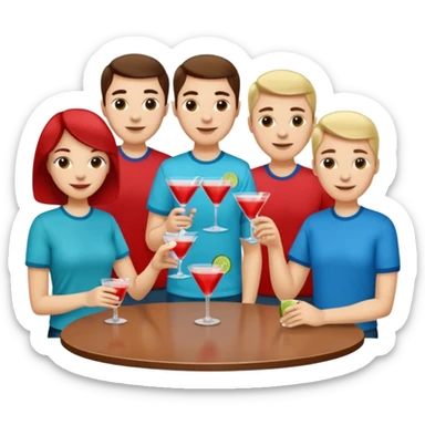 A large crowd of adults in casual clothing with red, aqua and blue shirts with drinks chatting at an afterwork meeting sticker