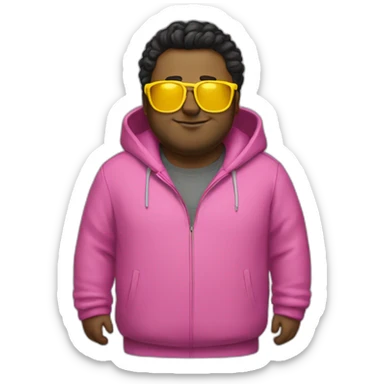 plus-sized man with dark hair, yellow long jacket and pink glasses sticker