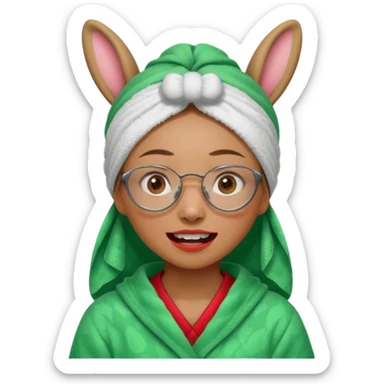 Asian woman who has a big rabbit front teeth wearing a green towel in her head with a broken glasses on her face in red pajamas sticker
