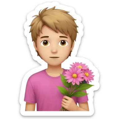 generate an ios genmoji of a 20 year old fair boy with brown long and messy hair with stubble on cheeks. carrying a pink flower bouquet, wearing a yellow tshirt, looking shy sticker