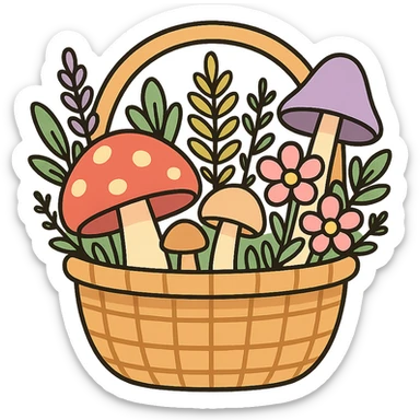 basket full of forest goodies including mushrooms, herbs, flowers in soft pastel colors, vibrant-toon style sticker