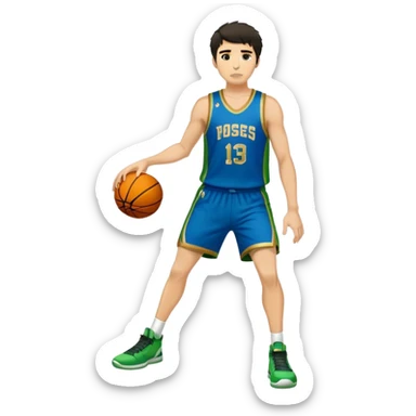 Full Body  white male basketball player with short shaggy dark hair and  close shave gold tee  wearing blue and green uniform sticker