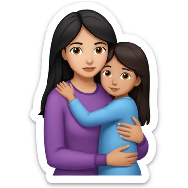 Hispanic mother with black hair hugging daughter with straight brown hair hugging sticker