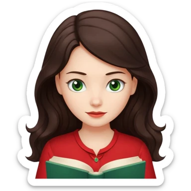 Long wavy dark brown haired, white skinned, dark green eyed girl in red blouse reading a book with a white background  sticker