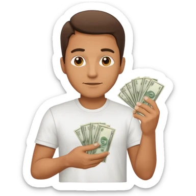an American man with money in his hands wearing a T-shirt sticker