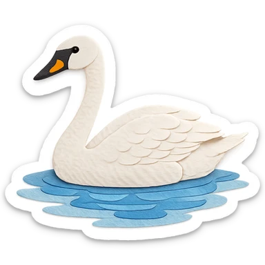 very detailed tundra swan swimming in water, intricate cut paper textures, white feathers, black beak with yellow spot, blue water reflections sticker