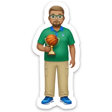 full body white obese male basketball coach with trophy. Goatee , Wearing glasses and blue and green nike polo shirt and khaki pants sticker
