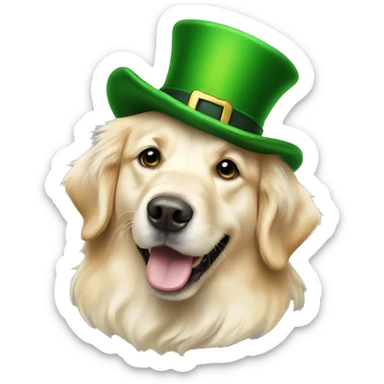 English cream golden retriever wearing a leprechaun hat sticker
