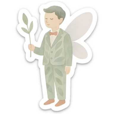 watercolor art illustration of a whimsical fairy groom in a leafy suit, calm pastel colors, white background, designed for sticker printing sticker