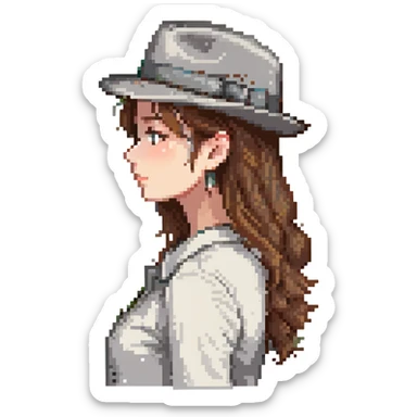 pixel art, girl with brown hair, grey fedora, side profile sticker