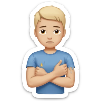 dolore muscolare a un arto di un ragazzo con la maglietta sticker