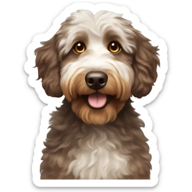 Brown and tan Aussiedoodle with yellow eyes and a bun on the top of head sticker