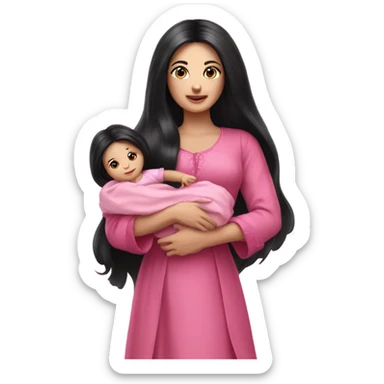 Beautiful Russian lady with very long black hair pink clothes holding baby  sticker