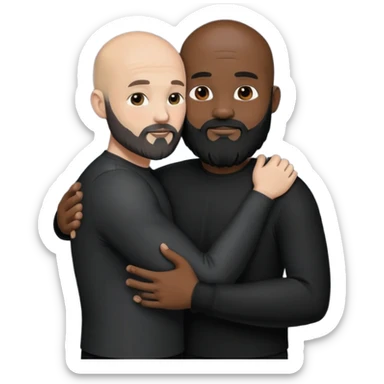 Two males hugging wearing all black both bald both have black beards one African American and the other Caucasian  sticker