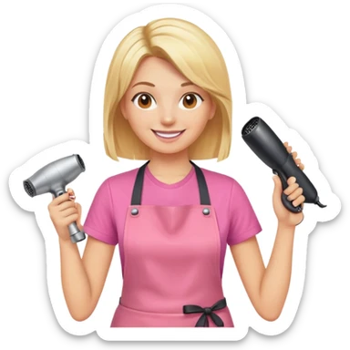 blonde female hairstylist smiling, pink t-shirt, orange apron, hands up, holding scissors and hairdryer clearly shown sticker