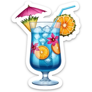 vibrant tropical fruity blue cocktail with hibiscus, pineapple and orange garnishes sticker