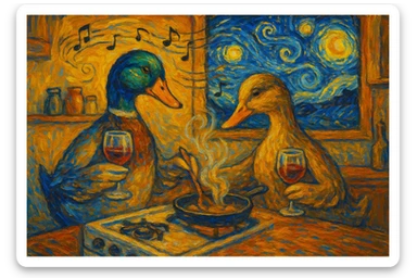 Van Gogh inspired art of two ducks (male and female) cooking, wine glasses in hand, music playing, Starry Night visible through the kitchen window, 4:3 aspect ratio, impressionist style, swirling sky, warm lighting sticker