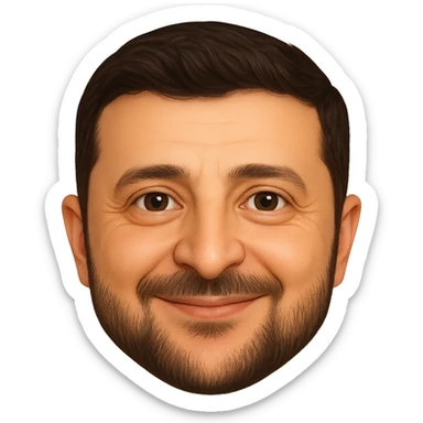 Vladimir Zelensky as an emoji with a round face, close likeness to his real face, detailed hair, beard, and eyes, friendly smile, high quality sticker