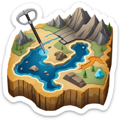 An icon featuring a crowbar and a geological map, and layers of Earth’s crust, symbolizing geology. The design includes mineral samples, fossils, and tectonic plates, representing the study of Earth’s structure and natural processes. Transparent background highlights geological exploration sticker