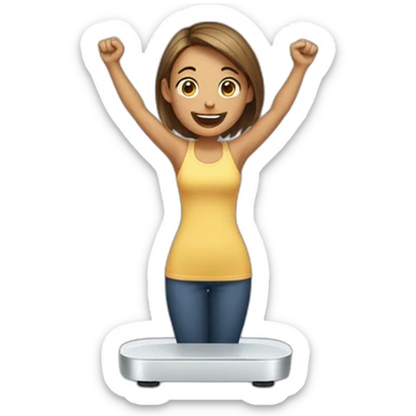 woman standing on weight scale, holding arms up in excitement sticker