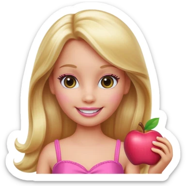 A Barbie-inspired Apple emoji character, big shiny emoji eyes, long blonde hair, wearing a pink dress, smiling, 3D Apple emoji style, clean white background, soft shading. sticker