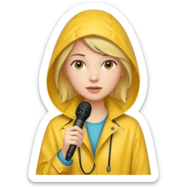 womanwith rain coat and microphone sticker