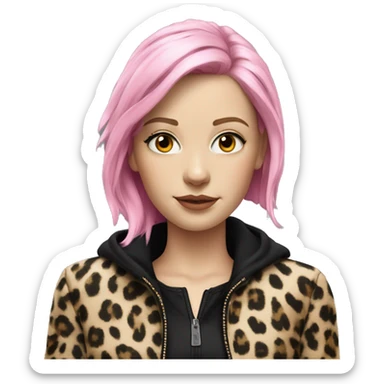 Hyperrealistic WHITE GIRL WITH BLACK AND PINK HAIR AND A JACKET OF LEOPARD AND BLACK SHIRT  sticker