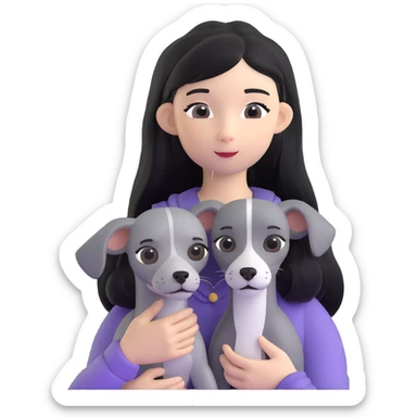 Slim Chinese girl with long black hair holding solid grey Italian greyhound with no white markings on nose sticker