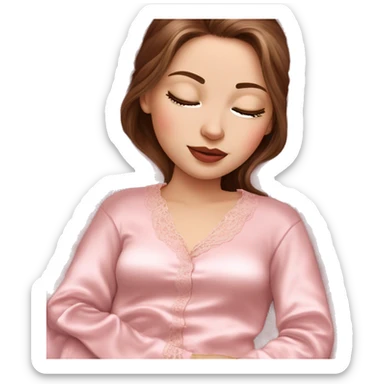girl with pale skin and silky brown hair in light pink silk lace pajamas sleeping  sticker