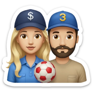 Light skin Woman with long dark hair,pretty with a light skin guy with a blonde mustache and beard wearing a ball cap on sticker
