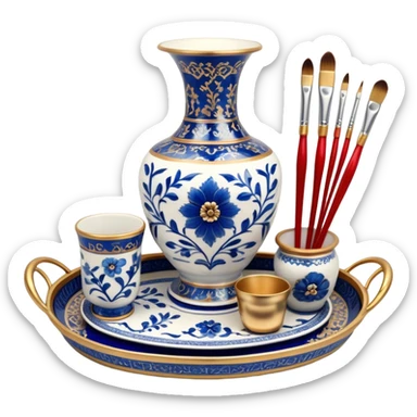 Metal painting icon, a metal vase, tray and one metal cup with 3 brushes, each decorated with different techniques: Gzhel-style blue floral patterns, Chinese red and gold designs, and intricate Golden embroidery-style details. Visible fine paintbrush, paint pots, and accessories like porcelain palette, minimalistic style, clean lines, transparent background. sticker