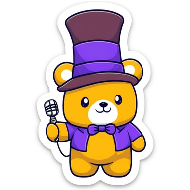 yellow bear plushy with a purple top hat and a mic sticker