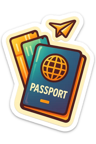 retro sticker-style image of a passport with two tickets, a small paper plane flying above, bold outlines, juicy colors, expressive shadows and highlights sticker