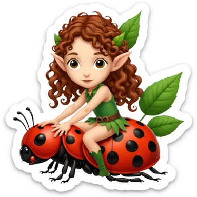 tiny forest elf long curly brown hair tattoos riding ladybug sticker