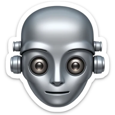 A friendly robot face with innocent eyes and an uncovered brain sticker