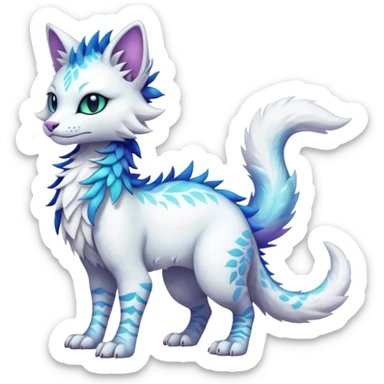Kawaii white iridescent edgy cute cool fantasy feline-vernid-sergal-fursona animal creature with a tufted tail full body with intricate markings  sticker