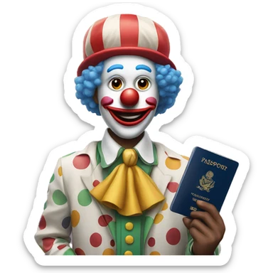 Clown holds a passport sticker