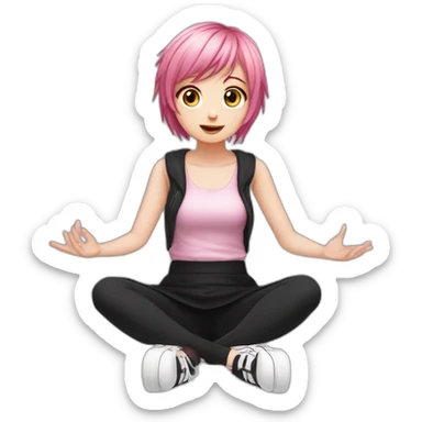 Full body Front view curvy emo girl pink hair sits on the floor straight view hands up black skirt белые трусики полосатые рваные чулки sticker